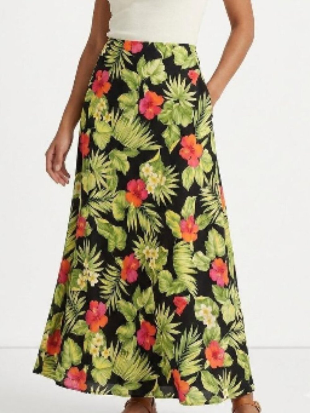 Ralph Lauren Hibiscus Black Print Palm Silk Tropical Maxi Skirt Size 8 Classic